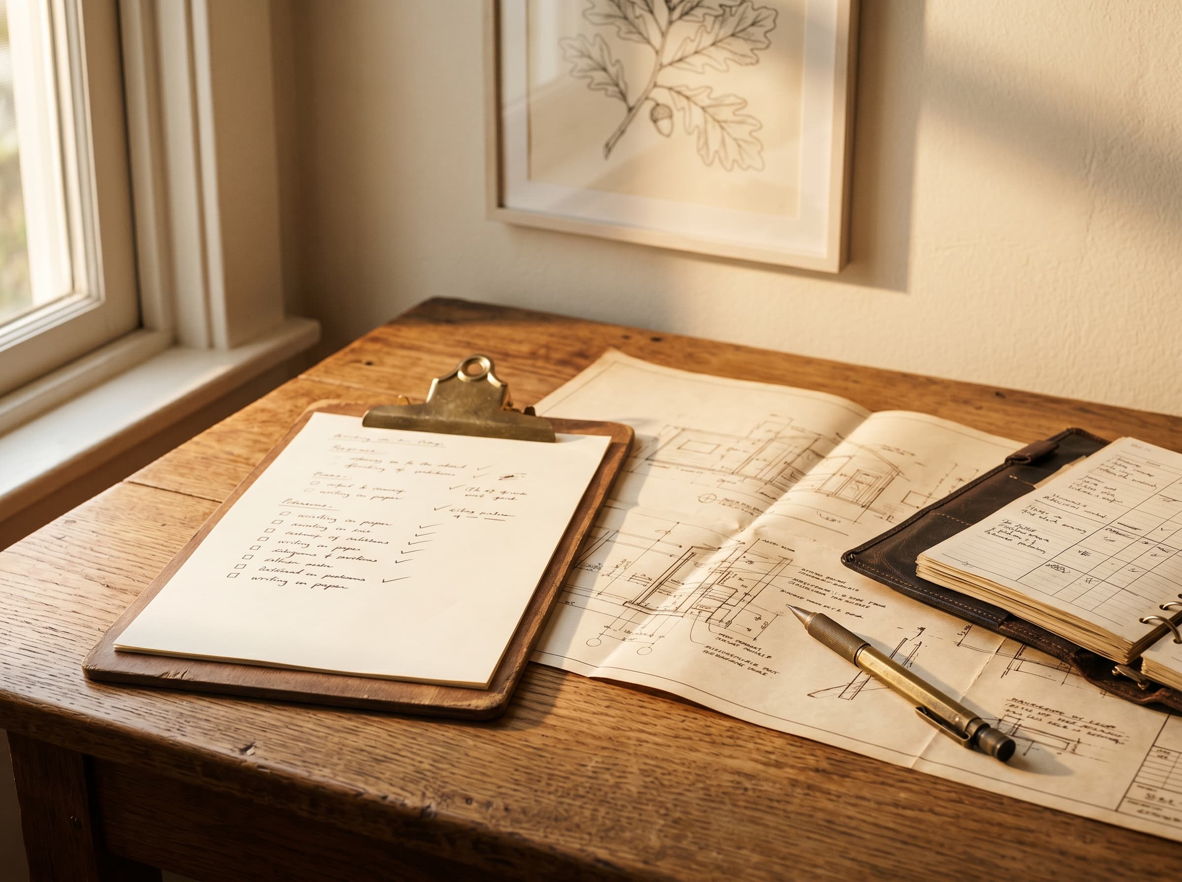 Clipboard checklist beside blueprints and a framed botanical print, in warm light