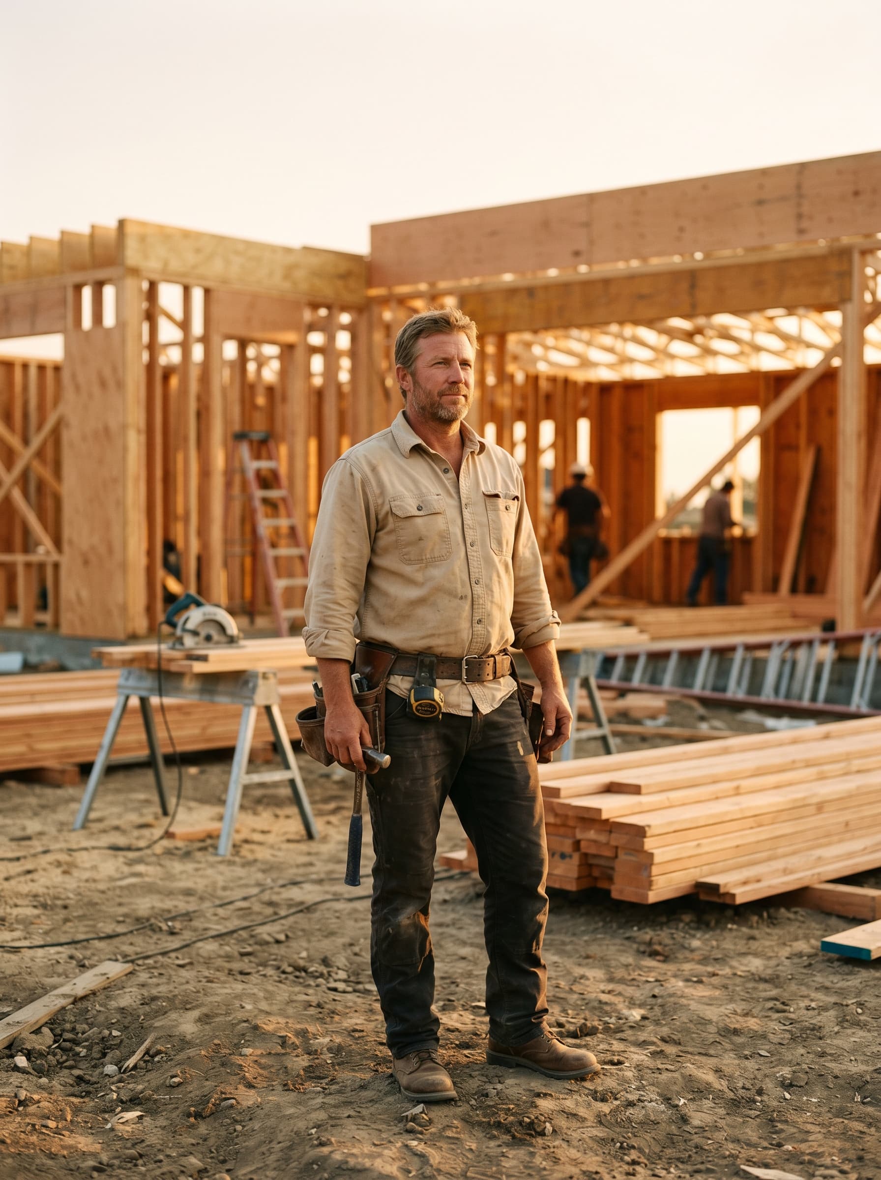 General contractor on a residential jobsite at golden hour