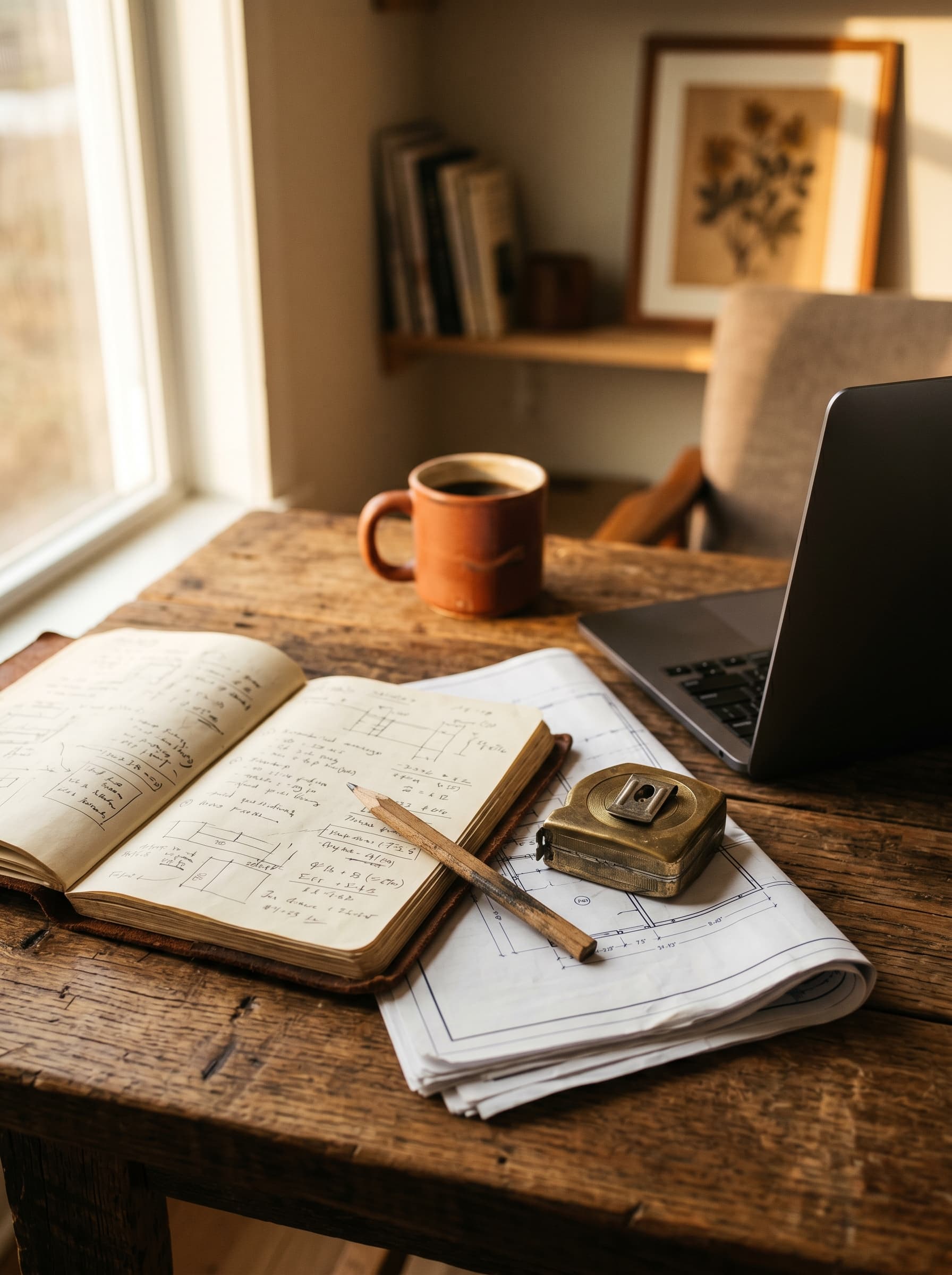 Contractor's workspace with notebook, blueprints and laptop in golden-hour light